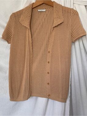 Sandro Open-Weave Short Sleeve Button Cardigan - Tan